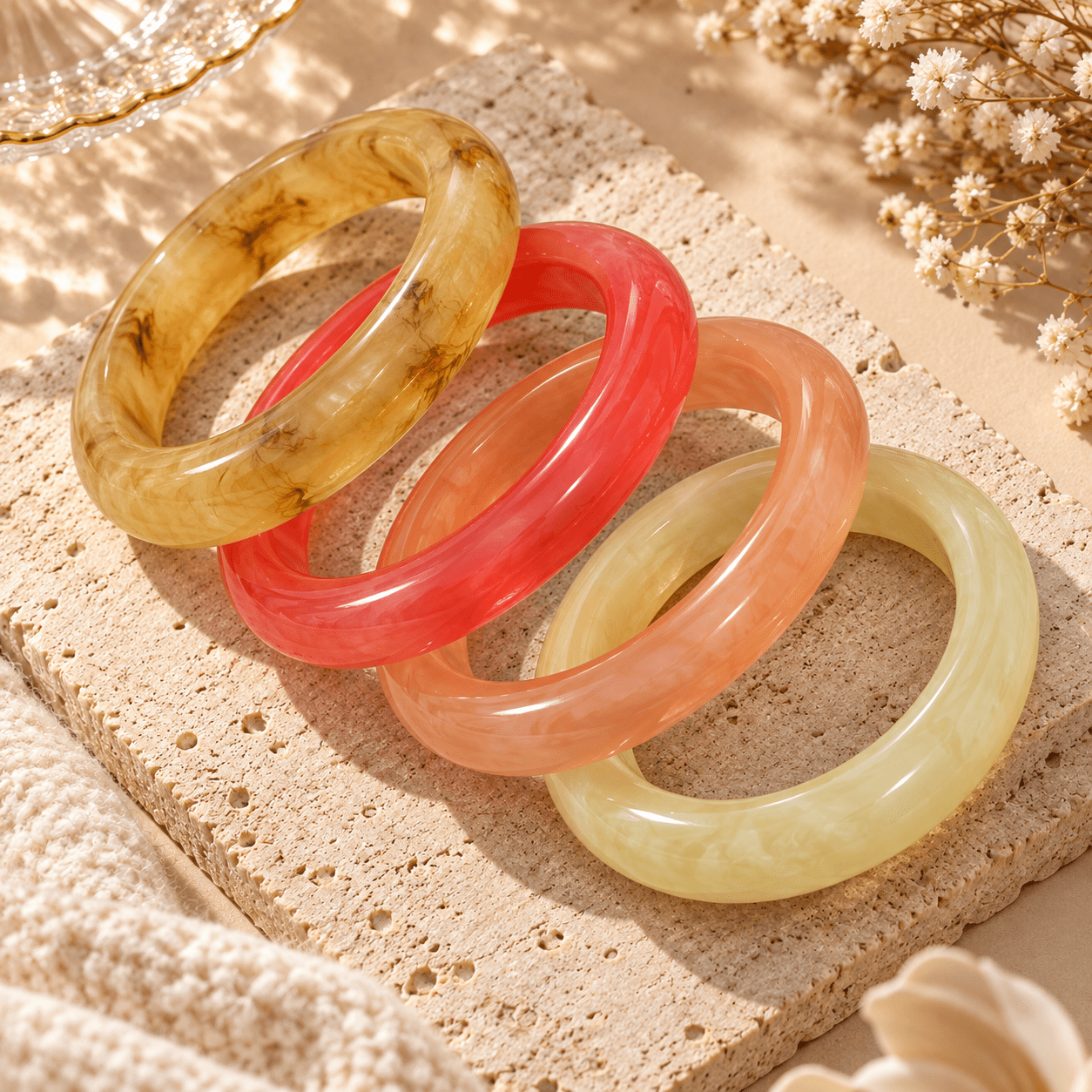 4pcs Colorful Textured Wide-Band Bangle Set for Women
